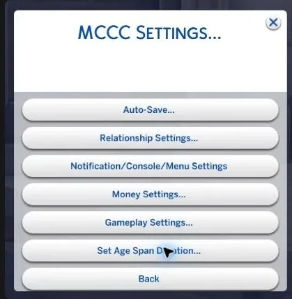 MCCC settings menu in Sims 4